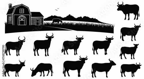 Silhouette of a barn with a field, mountains, birds, and several cows in a black and white illustration