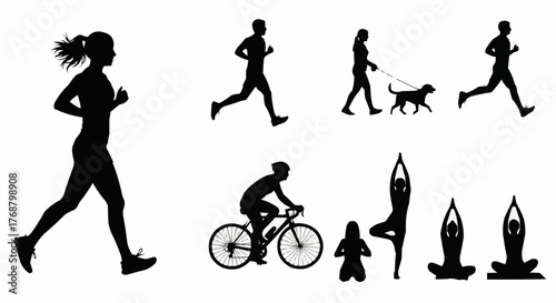 Silhouettes of people running cycling walking dog and doing yoga poses in black and white illustration
