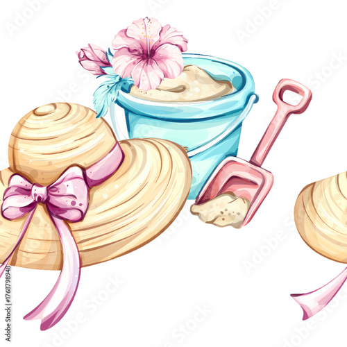 Seamless pattern background wallpaper featuring summer beach accessories, a playful arrangement of sun hats, sand buckets, and tropical flowers designed for vibrant holiday celebrations