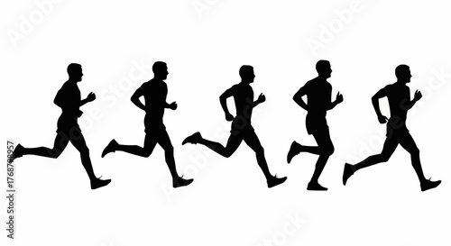 Silhouettes of five runners in motion against a white background in a horizontal arrangement style