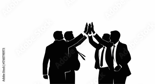 Silhouette of four business people in suits giving a high five to celebrate success in black and white style