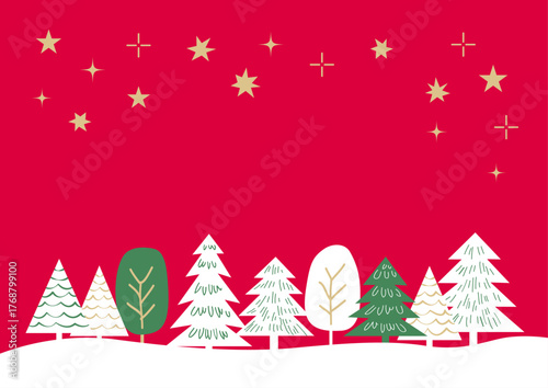 【手描き風・シンプル】星空と木々のクリスマスイラスト素材