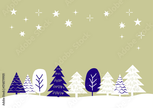 【手描き風・シンプル】星空と木々のクリスマスイラスト素材