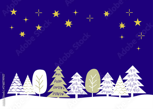 【手描き風・シンプル】星空と木々のクリスマスイラスト素材