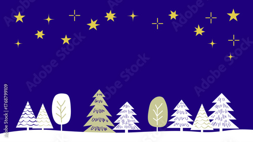 【手描き風・シンプル】星空と木々のクリスマスイラスト素材