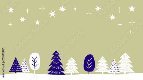 【手描き風・シンプル】星空と木々のクリスマスイラスト素材