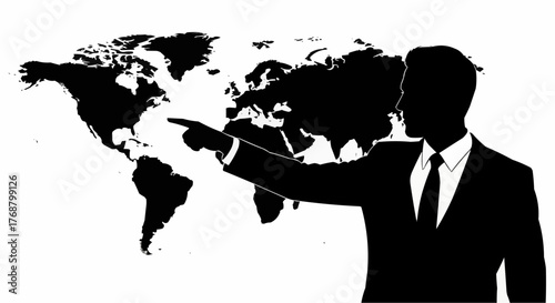 Silhouette of a businessman pointing at a world map in black and white presentation style vector art