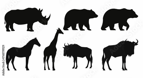 Silhouette illustrations of a rhino, two bears, a horse, giraffe, and two wildebeests animals