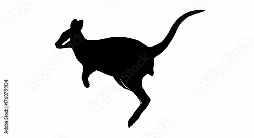 Silhouette of a kangaroo in mid jump with its tail extended in a white background illustration