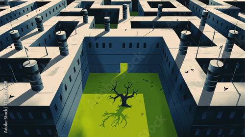 Surreal Maze Prison Yard with Leafless Tree and Dramatic Shadows, Concept of Isolation and Escape, Digital Illustration