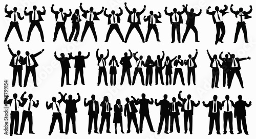 Silhouette of business people cheering and celebrating success in various poses and group configurations
