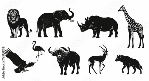Silhouette illustration of african animals including a lion elephant giraffe and various others