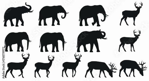 Silhouette depictions of elephants and deer arranged in a grid pattern on a white background