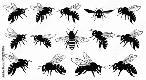 Silhouette illustration of multiple bees in various flying positions and different angles on a white background