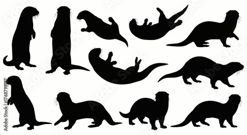 Silhouette collection of otters in various poses isolated on a white background showing different positions