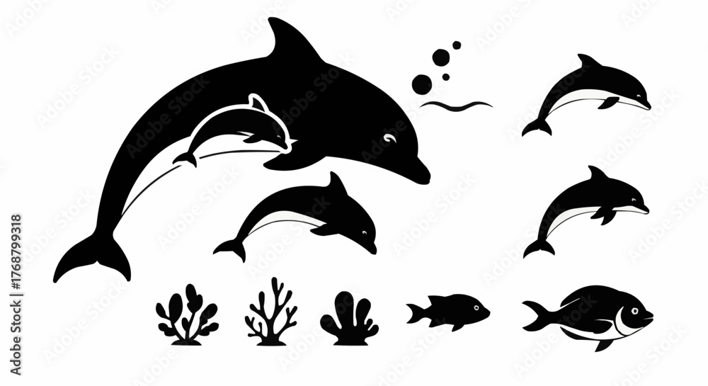 Naklejka premium Silhouette of dolphins with bubbles and fish and coral in black and white ocean scene illustration