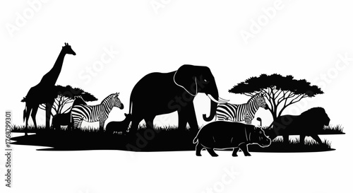 Silhouette of african animals including giraffe elephant zebra lion and hippopotamus in the savanna landscape