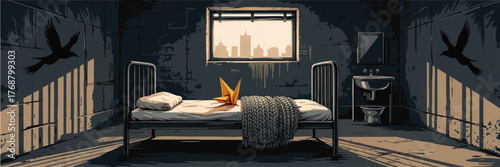 Minimalist prison cell interior with single bed, origami bird, city view window, dramatic crow shadows, dark moody illustration
