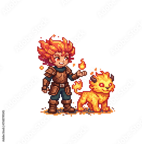 pixel art fire mage character with fiery lion pet fantasy