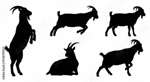 Silhouette illustration of six goats in various poses standing jumping and lying down on a white background