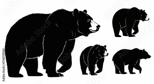 Silhouette illustration featuring a group of five bears in various poses on a white background