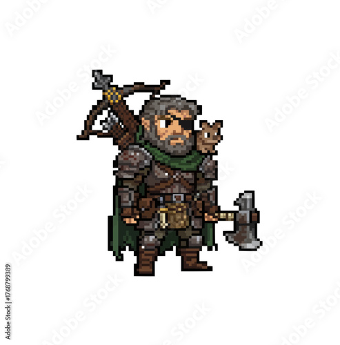 pixel art dwarven veteran warrior with axe crossbow and eyepatch
