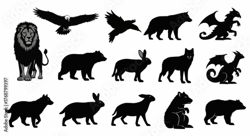 Silhouette vector art featuring a lion eagle raven bear rabbit wolf and dragon animal illustrations