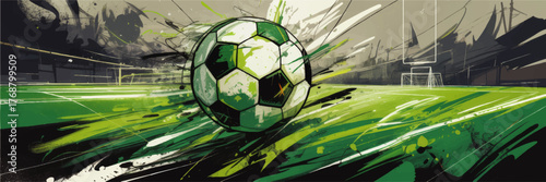 Dynamic Soccer Ball Splash on Vibrant Green Field, Modern Digital Art Illustration, Energetic Sports Background Design