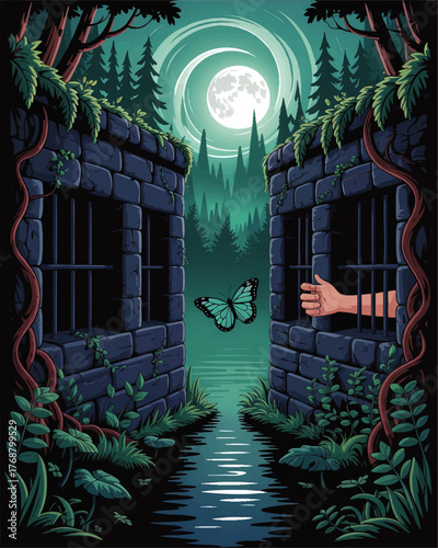 Surreal Night Forest Prison Illustration with Moonlit Sky, Escape Theme, Butterfly and Hand, Fantasy Nature Artwork
