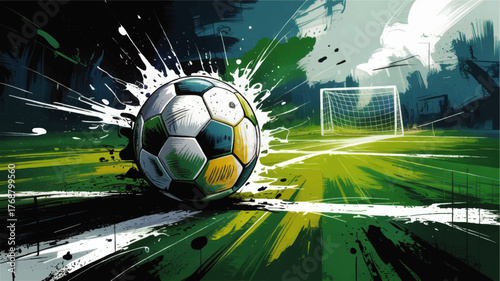 Dynamic Soccer Ball Illustration with Paint Splash on Green Field, Modern Sports Artwork for Posters, Banners, and Promotions