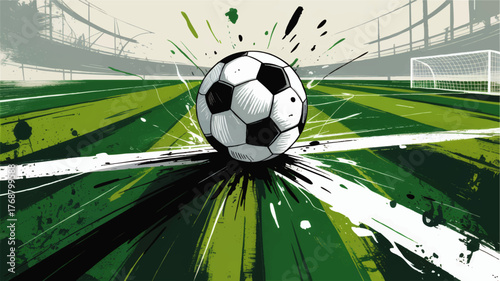 Dynamic Soccer Ball Illustration on Green Field, Energetic Sports Artwork with Modern Stadium, Splash Effect, and Vibrant Colors