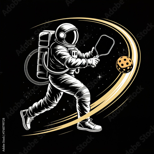 White line art astronaut in spacesuit dynamically hitting pickleball with paddle amid motion trails and stars on black void