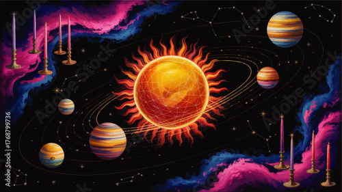 Mystical Solar System with Planets, Sun, Stars, Constellations, Candles, and Vibrant Nebula on Black Background – Fantasy Astrology Art