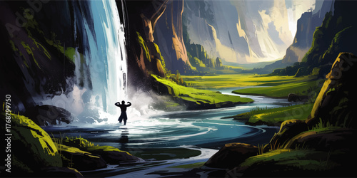 Majestic Waterfall in Lush Green Valley With Lone Adventurer Illustrative Landscape, Scenic River, and Sunlit Cliffs