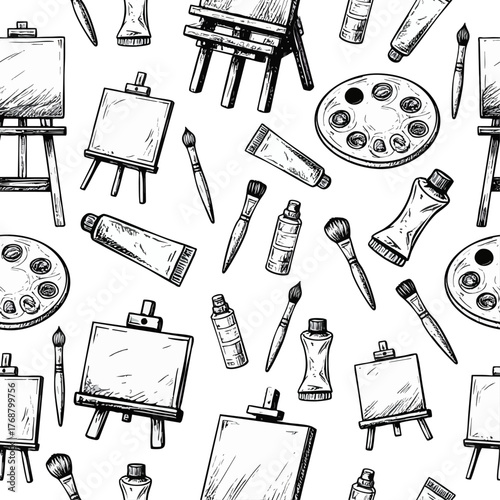 Seamless pattern of hand-drawn art supplies including easels, brushes, palettes, and paint tubes. Ideal for creative-themed designs, art education, packaging, stationery, or artistic backgrounds.