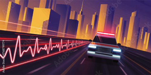 Emergency Ambulance Racing Through Futuristic City at Night with Heartbeat EKG Pulse, Medical Rescue Concept Illustration