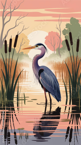 Majestic Blue Heron Standing in Calm Marsh at Sunrise, Tranquil Wetland Landscape Illustration with Vibrant Colors