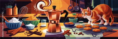 Cute Ginger Cat in Cozy Kitchen with Coffee Maker, Fresh Cookies, Baking Ingredients, Cinnamon Sticks, and Whisk – Vector Illustration