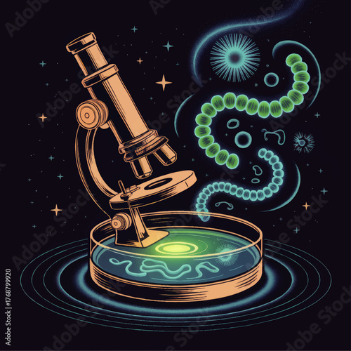 Colorful Microscope and Petri Dish with Glowing Microorganisms, Science Research, Microbiology, Digital Art Illustration