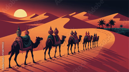 Majestic Camel Caravan Crossing Desert Dunes at Sunset, Oriental Adventure, Exotic Travel Illustration with Palms
