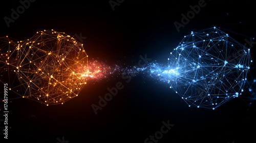 Two distinct glowing DAO networks connecting via a bridge of light, representing collaboration and interoperability.
