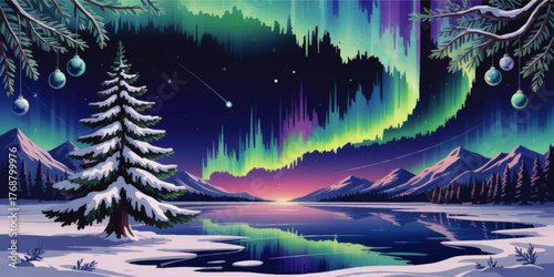 Magical Winter Landscape with Northern Lights, Snow-Covered Pine Tree, Mountain Lake, and Christmas Ornaments at Twilight