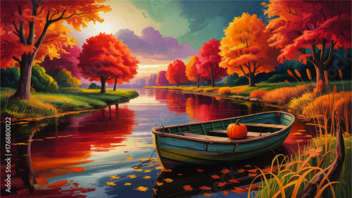 Autumn River Landscape with Colorful Trees, Empty Wooden Rowboat, Pumpkin, and Reflections at Sunset, Vibrant Fall Illustration