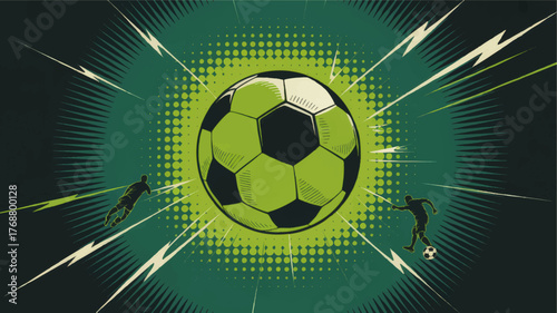 Dynamic Pop Art Soccer Ball Illustration with Energetic Players and Lightning Effects on Green Background