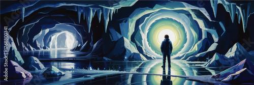 Mysterious Ice Cave with Person Facing Glowing Portal, Vibrant Fantasy Landscape, Adventure and Exploration Concept Art