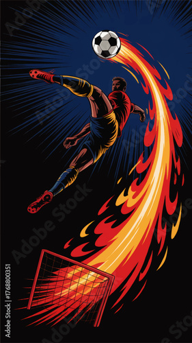 Dynamic Soccer Player Kicking Flaming Ball Toward Goal – Powerful Sports Illustration with Fiery Action and Dramatic Energy