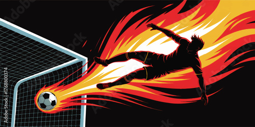 Dynamic Soccer Player Kicking Flaming Ball Into Goal – Action Sports Illustration, Powerful Energy, Black Background, Vector Art