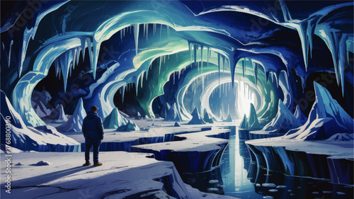 Stunning Arctic Ice Cave Illustration with Explorer, Majestic Blue Glacial Stalactites, Fantasy Winter Landscape Art