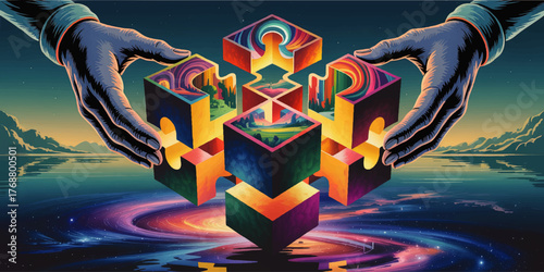 Surreal Hands Assembling Vibrant Puzzle Cube Above Cosmic Galaxy, Futuristic Imagination and Creativity Concept Art