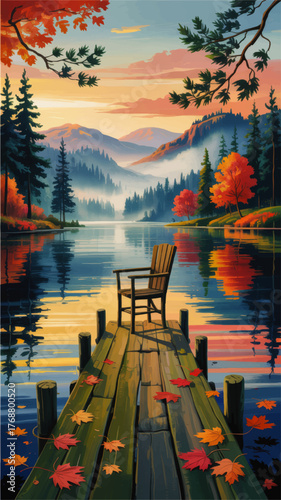 Serene Autumn Lake Pier with Adirondack Chair, Colorful Trees, Fall Foliage, Mountain Sunset, and Calm Reflections – Tranquil Nature Landscape Illustration